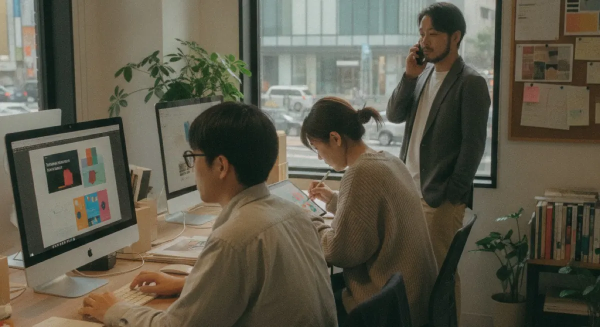 A small Tokyo marketing agency team at work in their studio, illustrating marketing agencies for entering Japan