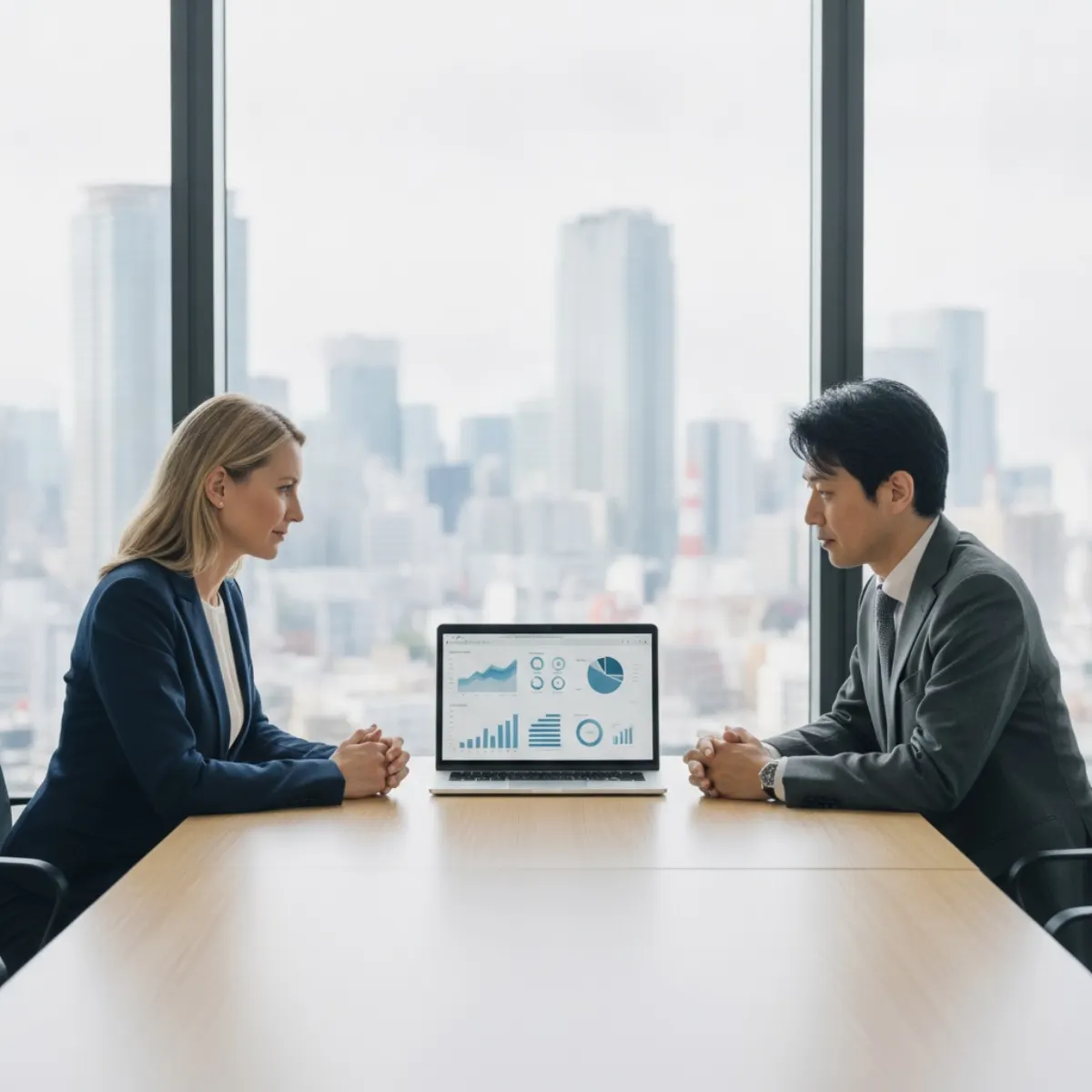A European marketer and a Japan SEO agency partner reviewing search analytics together in a Tokyo office