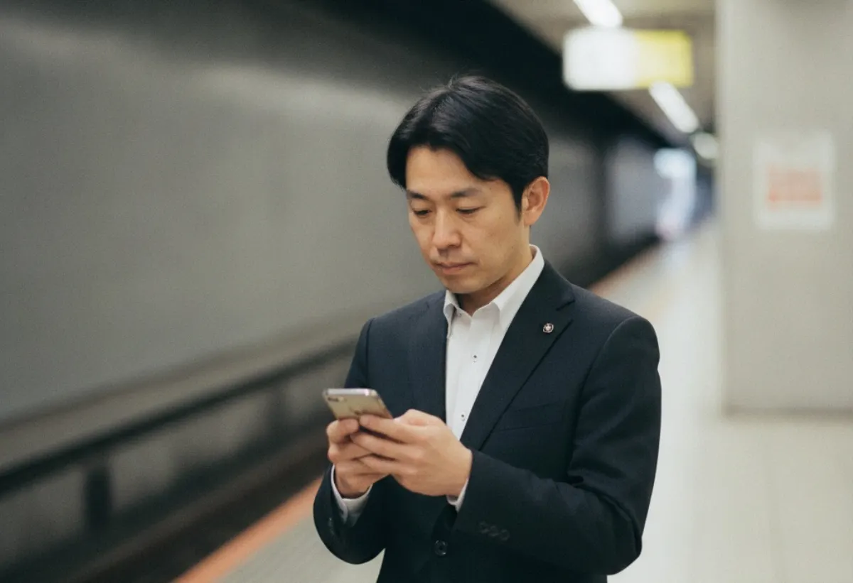 A commuter in Tokyo checking a social app on her phone, illustrating how Japan social media statistics play out in daily platform use