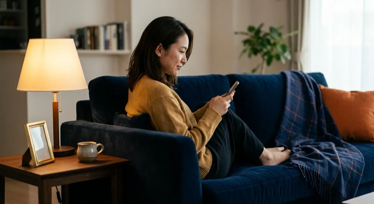 A Japanese consumer scrolling social media on her phone at home in the evening, illustrating social media usage in Japan