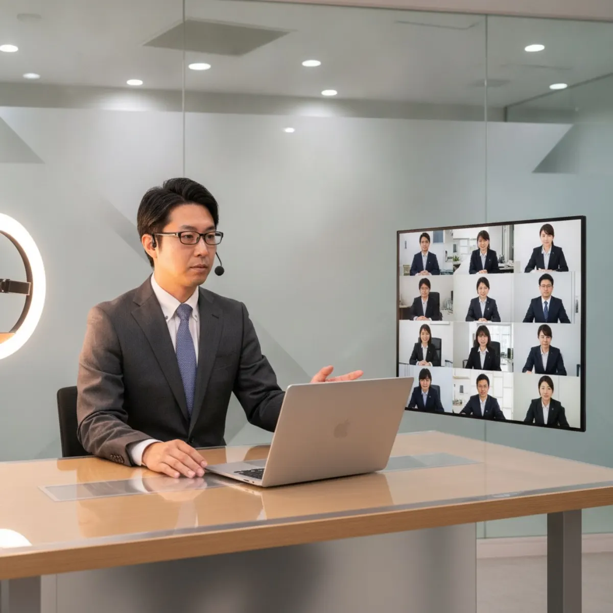 A presenter running a B2B webinar for a Japanese business audience, part of webinar marketing in Japan