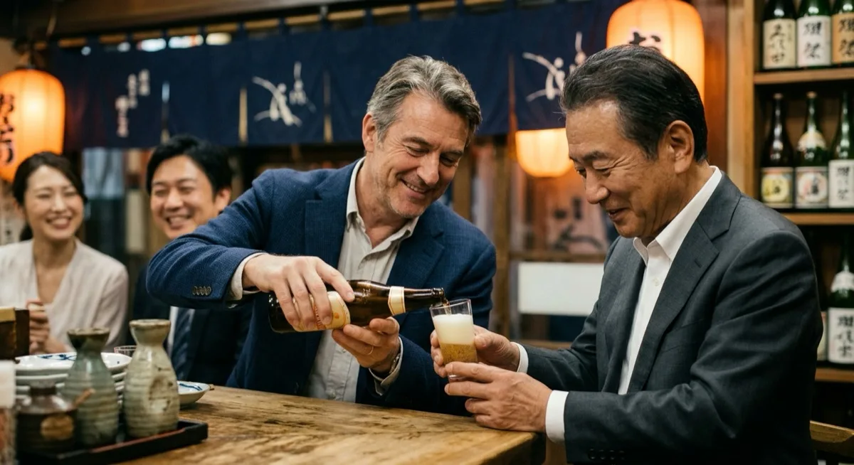 A European executive pouring beer with both hands for a senior Japanese executive at an izakaya counter, illustrating nomikai etiquette in Japanese business etiquette