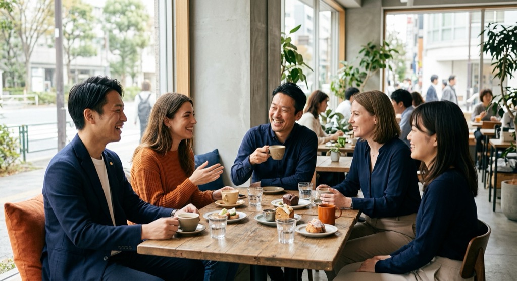 A mixed group of Japanese and European colleagues talking warmly over coffee at a daytime cafe, no alcohol on the table, illustrating how after-hours Japanese business bonding is moving beyond obligatory drinking