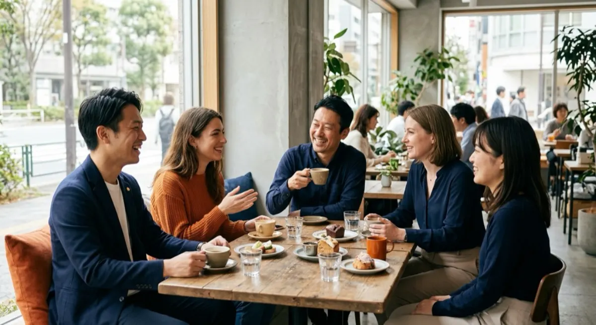 A mixed group of Japanese and European colleagues talking warmly over coffee at a daytime cafe, no alcohol on the table, illustrating how after-hours Japanese business bonding is moving beyond obligatory drinking