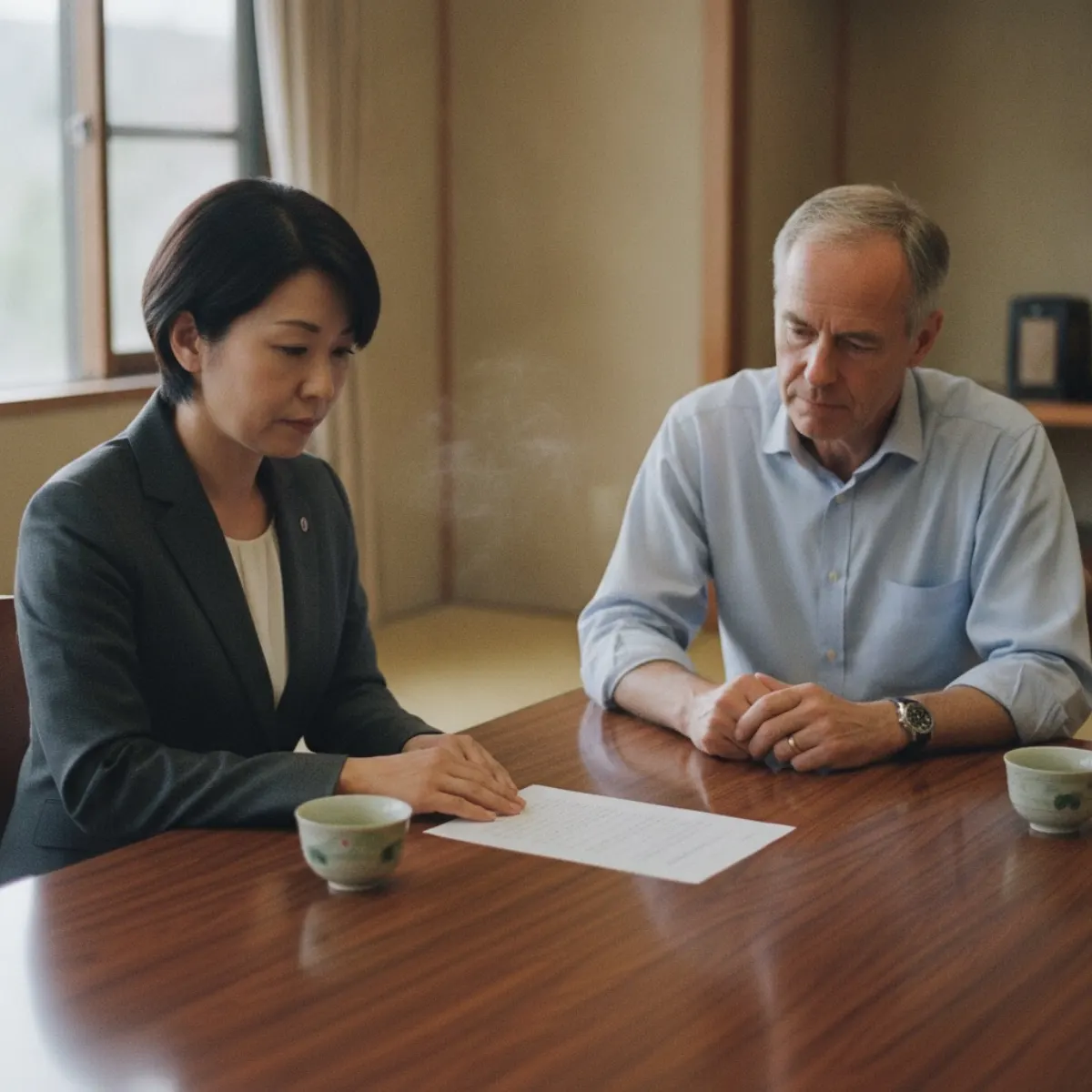 A Japanese and a European colleague reviewing a short one-page document over green tea