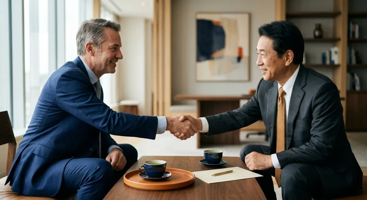 A European and a Japanese partner shaking hands over tea in navy cups on an orange tray, illustrating why Japanese business contracts are short