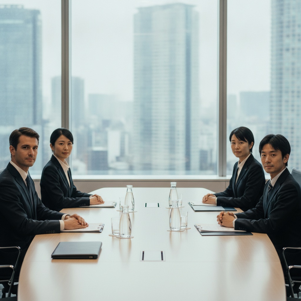 European and Japanese executives meeting across a boardroom table, illustrating Japanese business culture in practice
