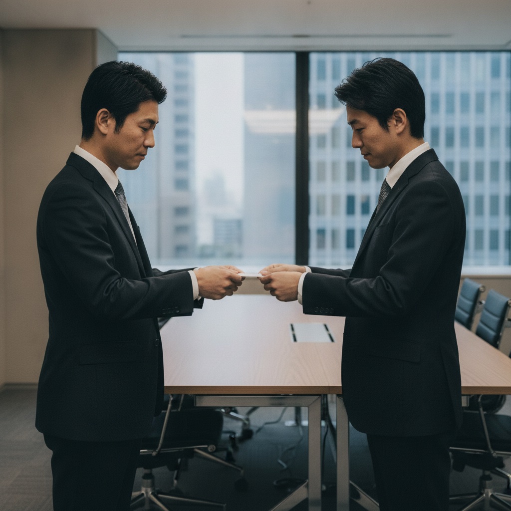 Two executives exchanging business cards with a bow, demonstrating meishi etiquette in Japanese business etiquette