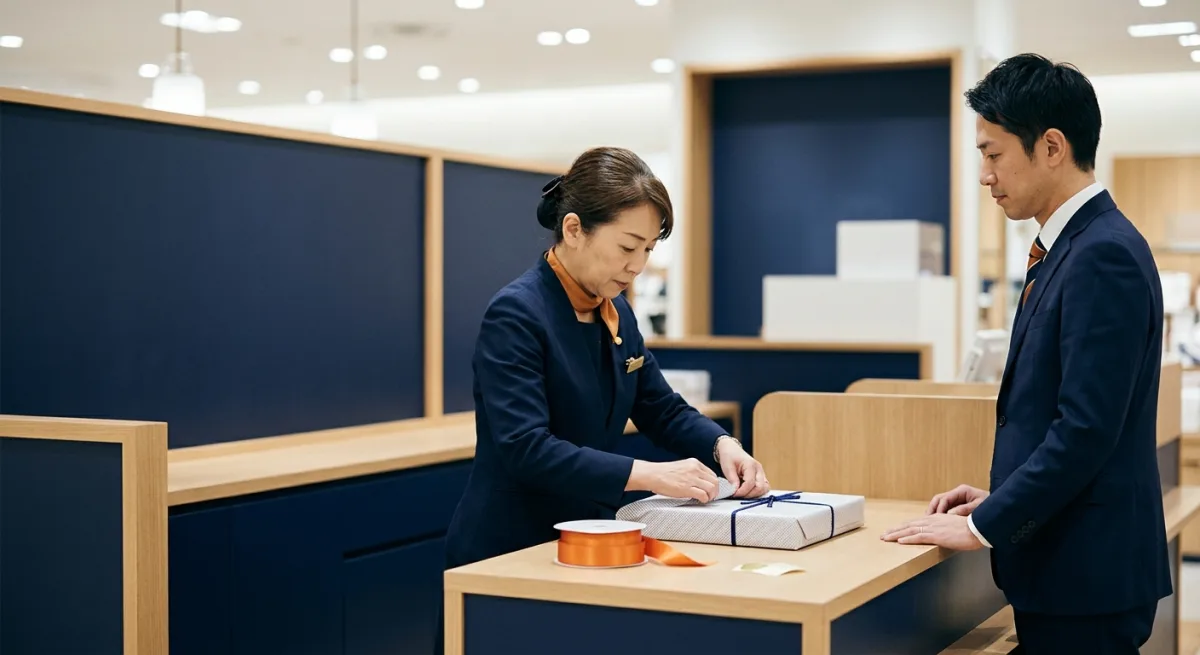 A department store assistant in a navy uniform wrapping a boxed gift at the counter while a customer in a suit waits, illustrating Japanese business gift giving