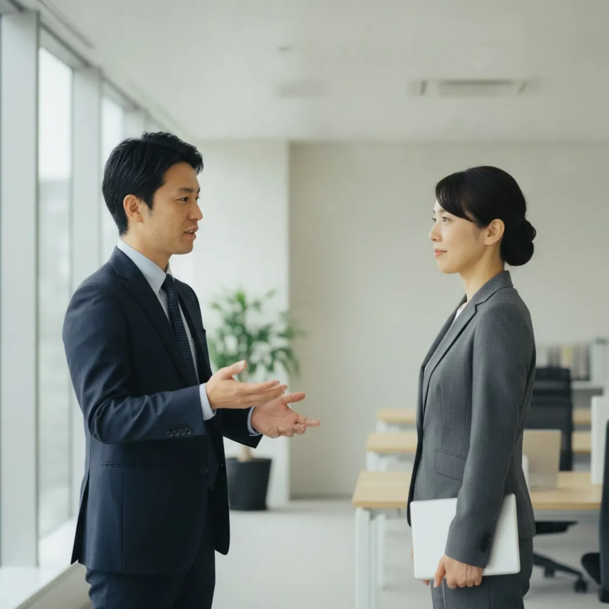 A formal two-handed Japanese business card exchange between a European and a Japanese executive