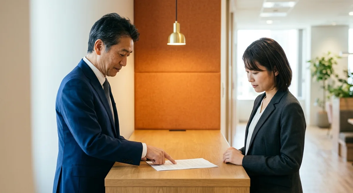 Two Japanese managers reading a printed proposal across an office counter, the consensus work at the centre of Japanese management style