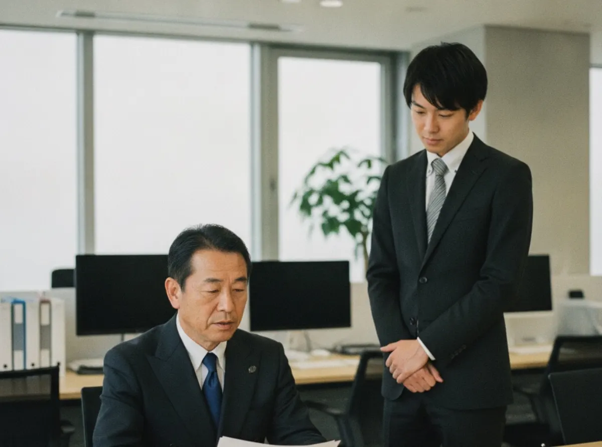 A senior and junior employee reviewing work at a screen in a modern office, illustrating Japanese work culture and its senpai-kohai hierarchy