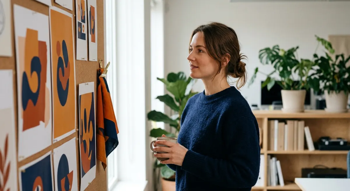 A European marketer looking at orange and navy campaign prints in a studio, illustrating lessons from running cross-cultural campaigns