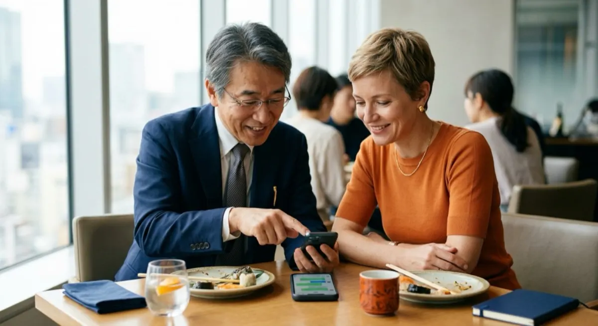 A Japanese and a European business contact sharing a phone screen over lunch, illustrating an inner-circle relationship maintained through LINE