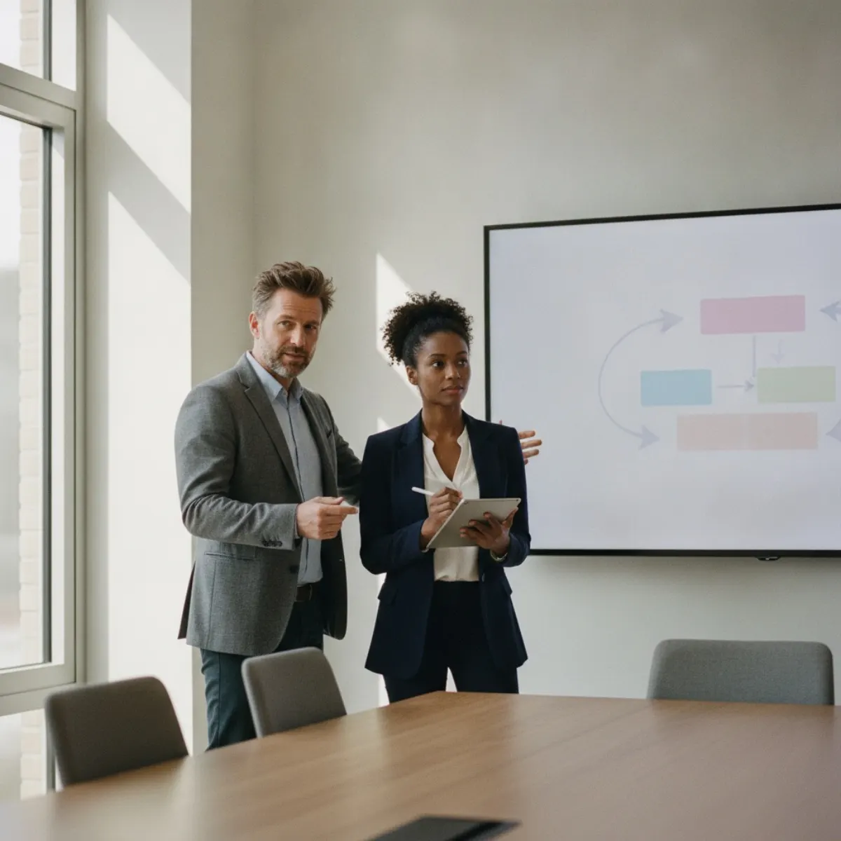 Two marketers reviewing an audience-segmentation diagram in a meeting room