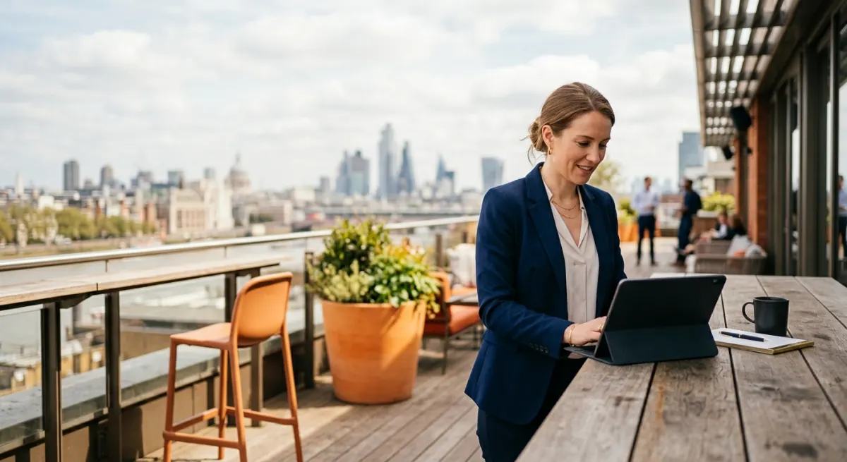 A European B2B marketer at a rooftop counter with an orange stool, illustrating LinkedIn advertising for international B2B