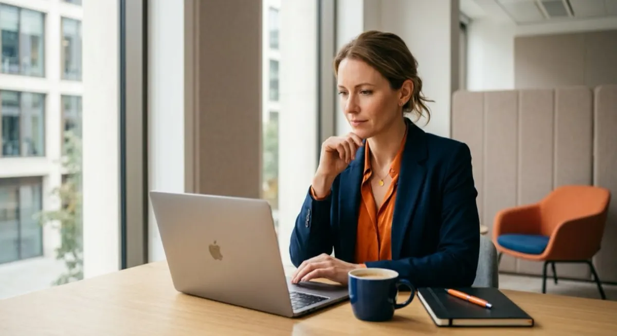 A European professional reviewing a business contact's profile on a laptop, illustrating the cross-border findability LinkedIn offers in Japan