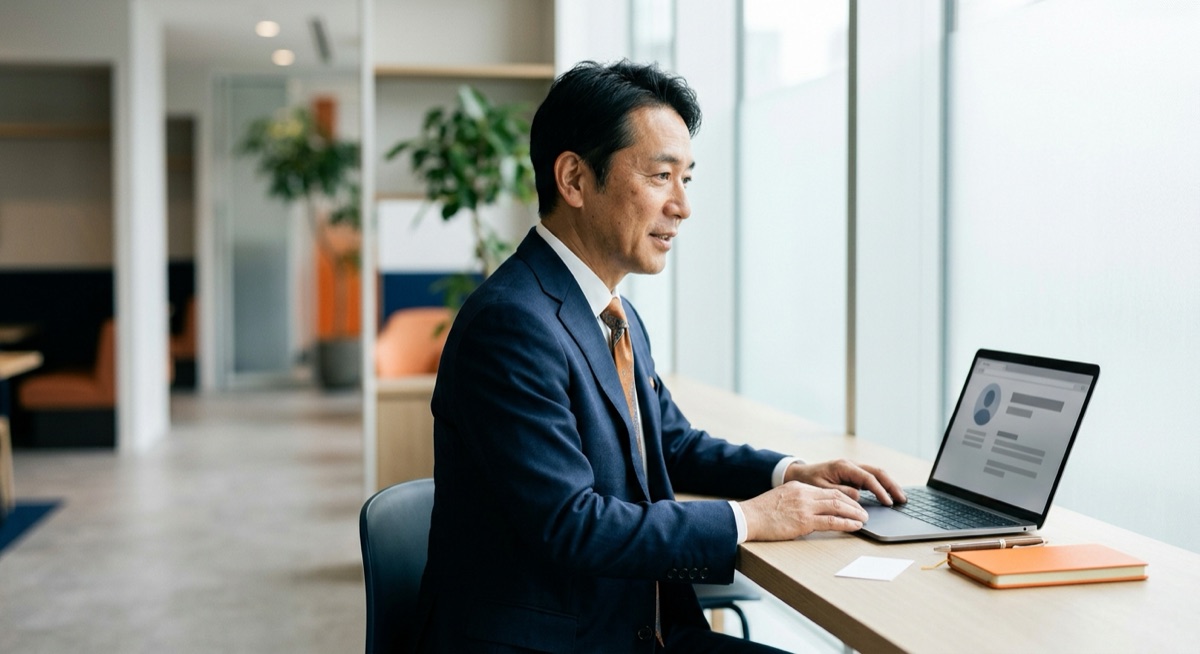 A Japanese executive at a laptop showing a profile page with a business card on the desk beside him, the outbound findability LinkedIn offers in Japan