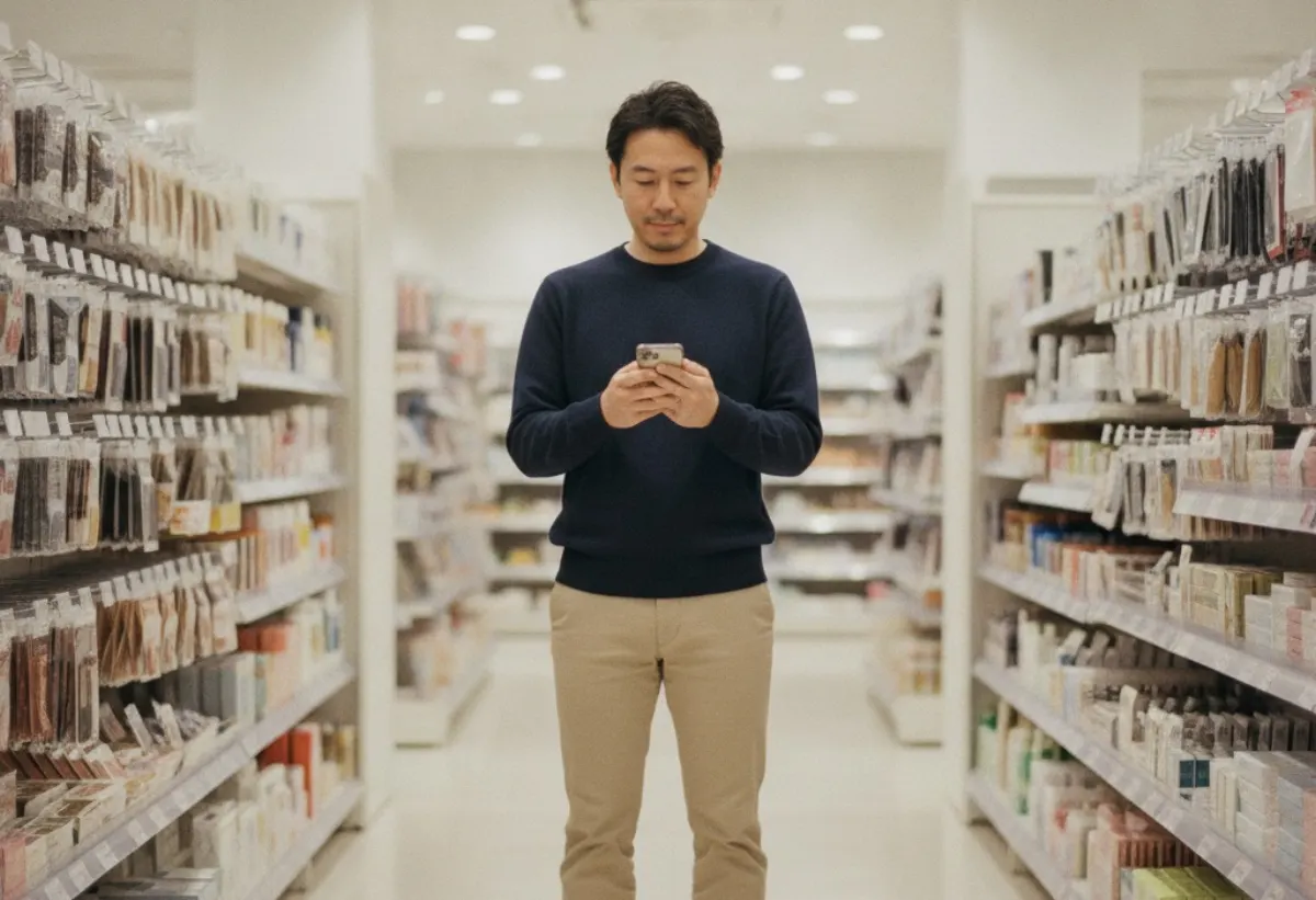 A shopper in Japan using her phone to find a local store, reflecting the mobile, trust-first nature of marketing in Japan