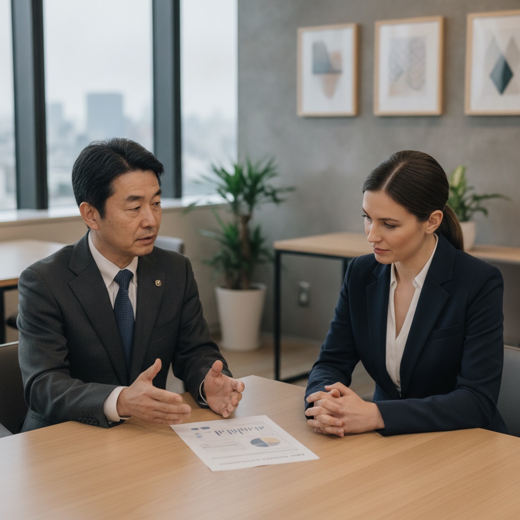 A private one-on-one consultation between a Japanese manager and a European colleague, showing nemawashi, the Japanese decision-making practice of building consensus before the meeting