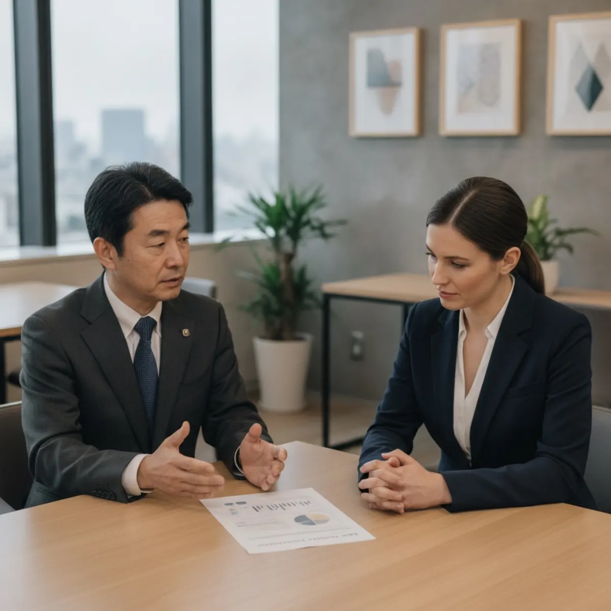 A private one-on-one consultation between a Japanese manager and a European colleague, showing nemawashi, the Japanese decision-making practice of building consensus before the meeting