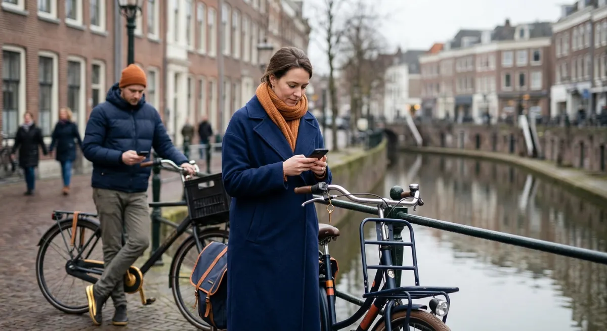 Netherlands social media statistics in context: Dutch commuters checking their phones beside their bikes at a canal in the city centre