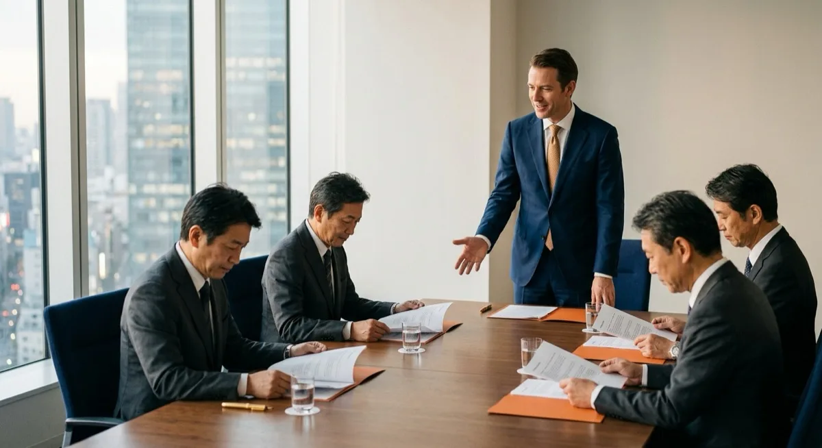 A European executive presenting while Japanese stakeholders study their printed copies of the proposal, illustrating how to persuade Japanese stakeholders in a high-context room