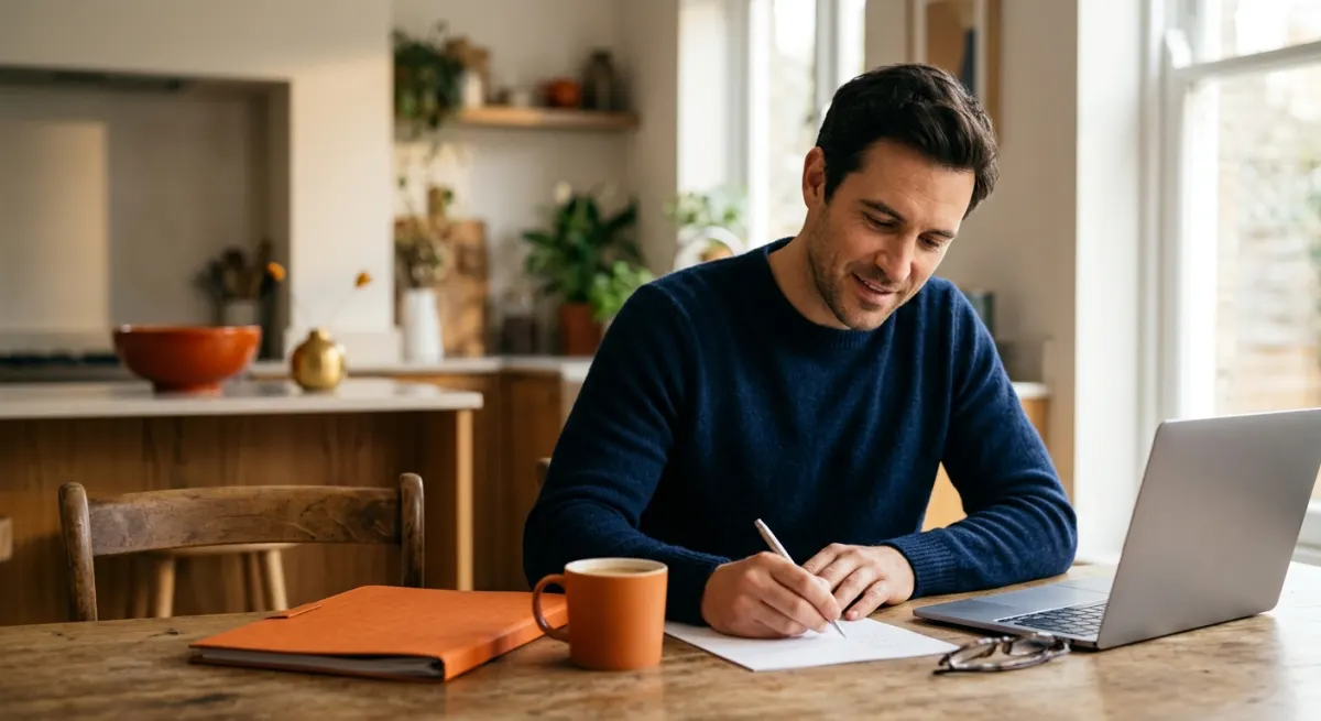 A European founder planning figures at a kitchen table with an orange mug and folder, illustrating the real cost of entering the Japanese market
