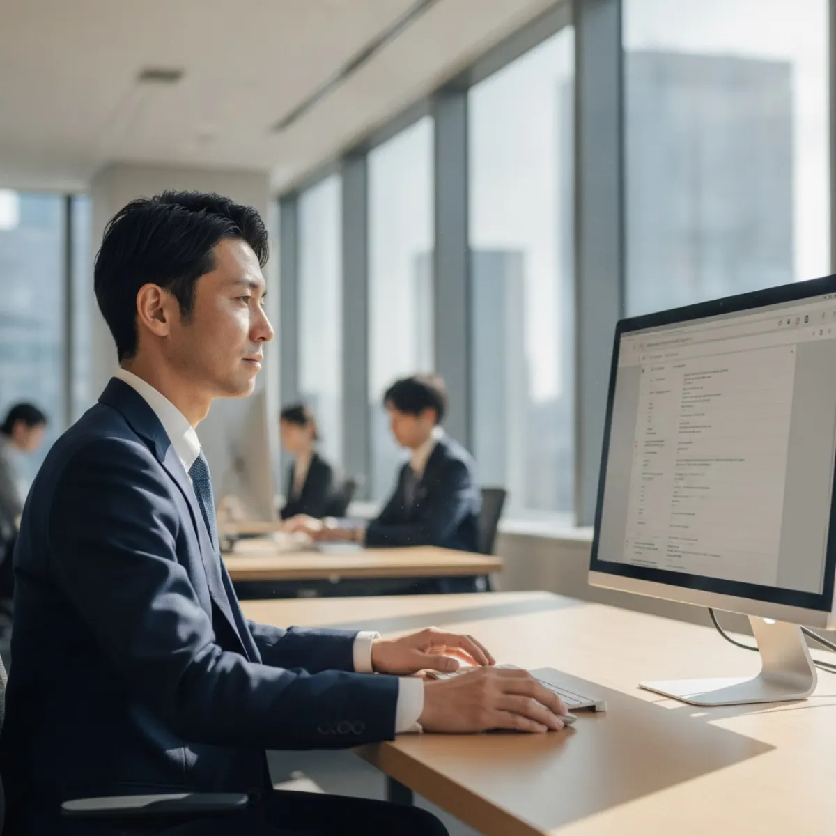 An office worker in Japan using a search engine on a desktop computer, where Bing's share of search in Japan is concentrated