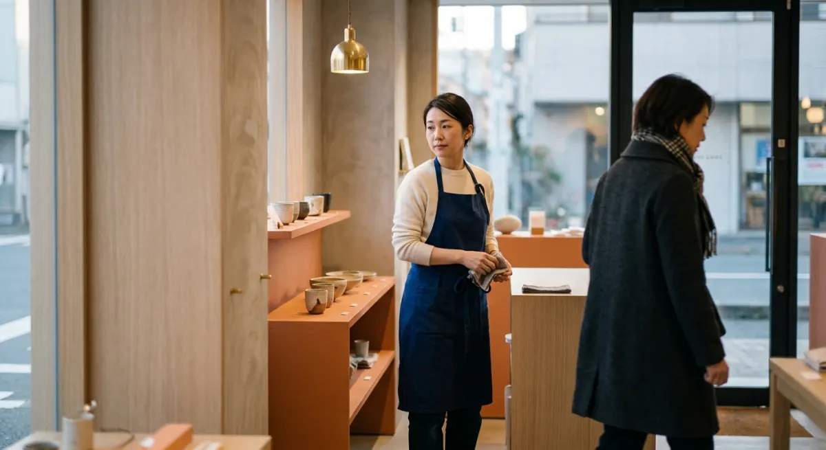 A shopkeeper in a navy apron watching a customer quietly leave past an orange shelf, illustrating silent churn in Japanese customer retention