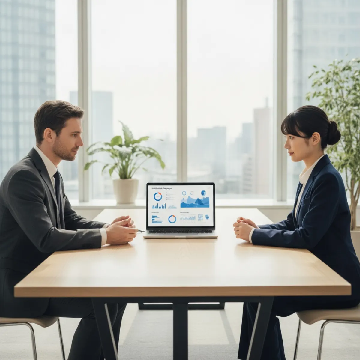 A European and a Japanese marketer reviewing a LINE campaign dashboard, illustrating social media marketing in Japan led by LINE