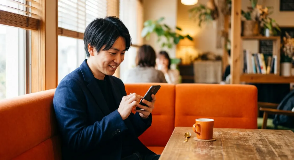 A young person messaging on a phone at an orange café banquette, illustrating social media marketing in Japan and why LINE comes first