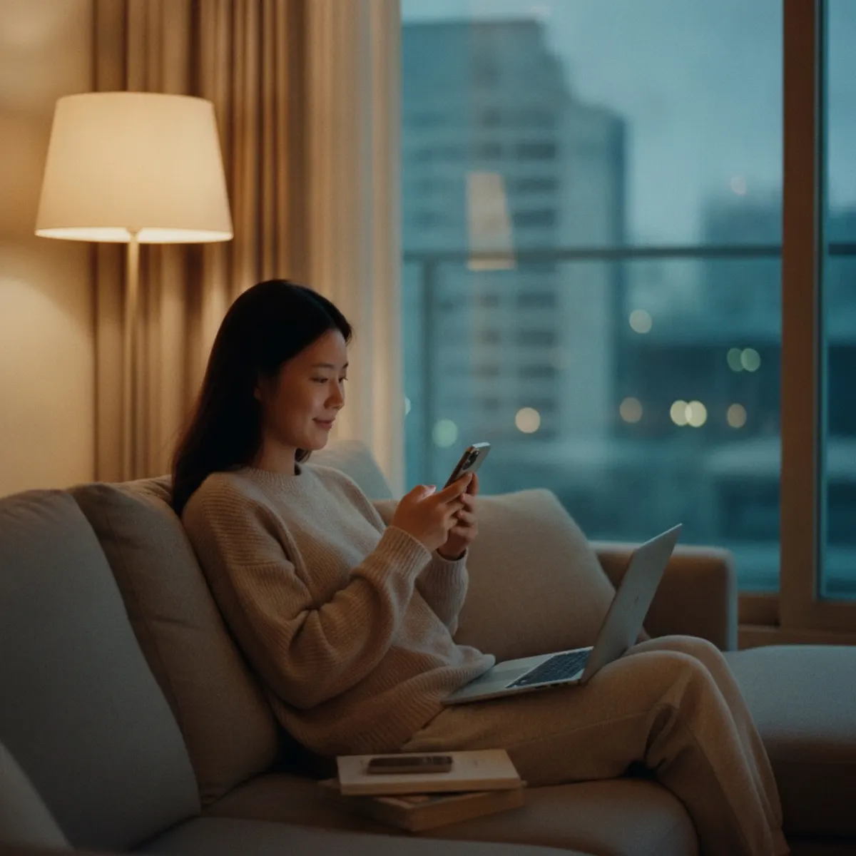 South Korea social media statistics in practice: a young Korean woman messaging on her phone at home in Seoul in the evening