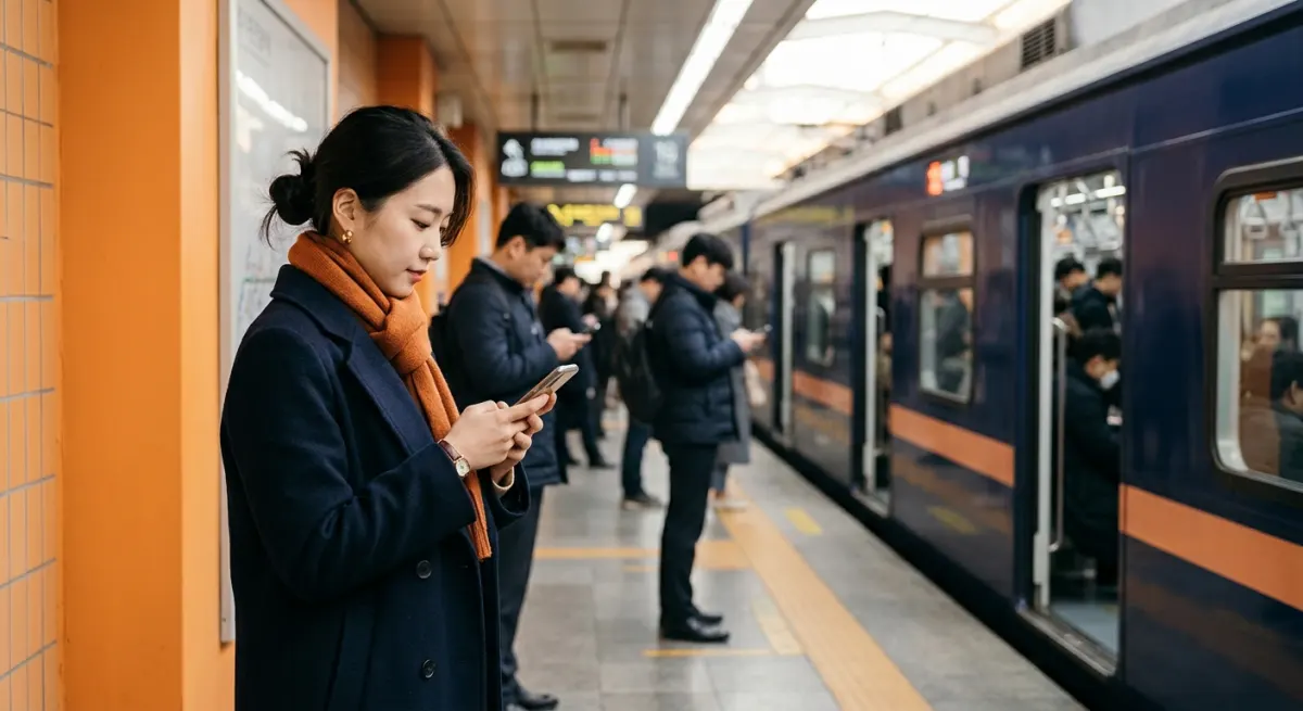 Korean commuters checking phones on a Seoul metro platform with an orange wall and navy train, illustrating social media use in South Korea