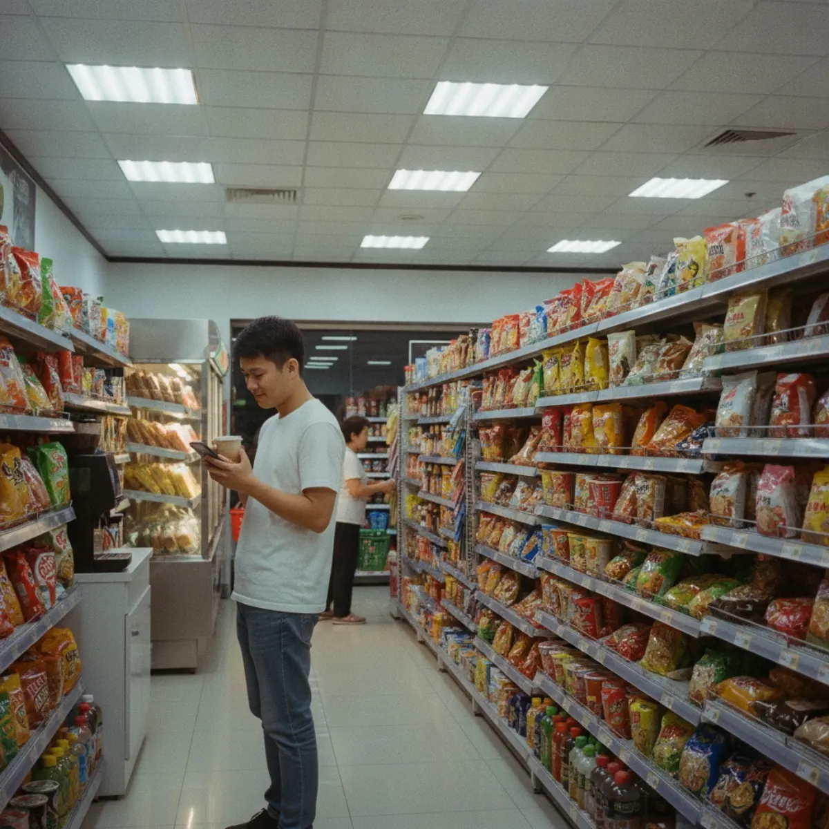 Taiwan social media statistics in practice: a young Taiwanese man scrolling a social feed on his phone in a convenience store at night