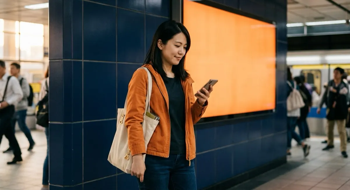 A Taiwanese commuter checking social media on her phone on a Taipei MRT platform, illustrating Taiwan social media statistics