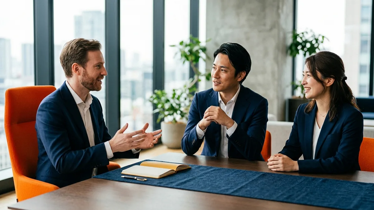 Two Japanese colleagues from different departments sitting on the same side of a table facing a European visitor, illustrating a shifting in-group boundary