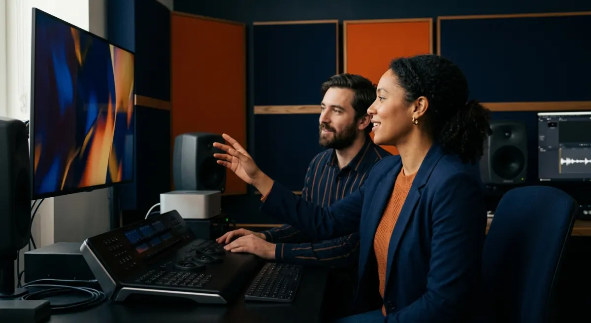 A mixed pair of designers reviewing abstract orange and navy frames in a video edit suite, illustrating imagery and web design localization for Japan