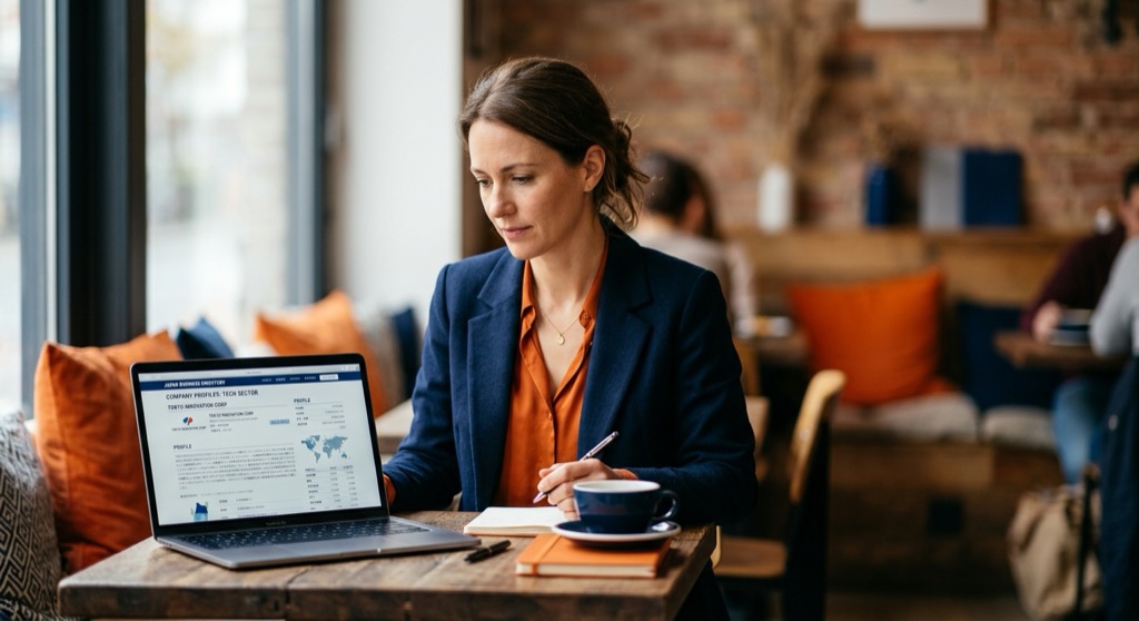 A European businesswoman browsing Japanese company profiles on a laptop in a cafe, planning informal Wantedly casual visits as a buyer rather than a job seeker