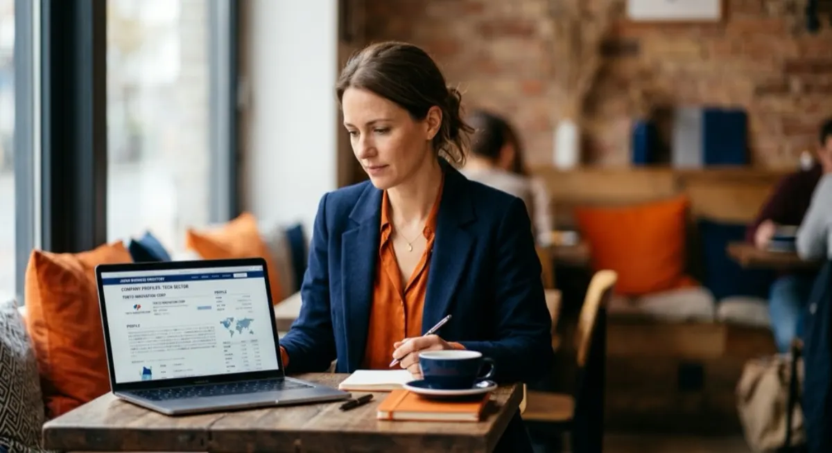 A European businesswoman browsing Japanese company profiles on a laptop in a cafe, planning informal Wantedly casual visits as a buyer rather than a job seeker