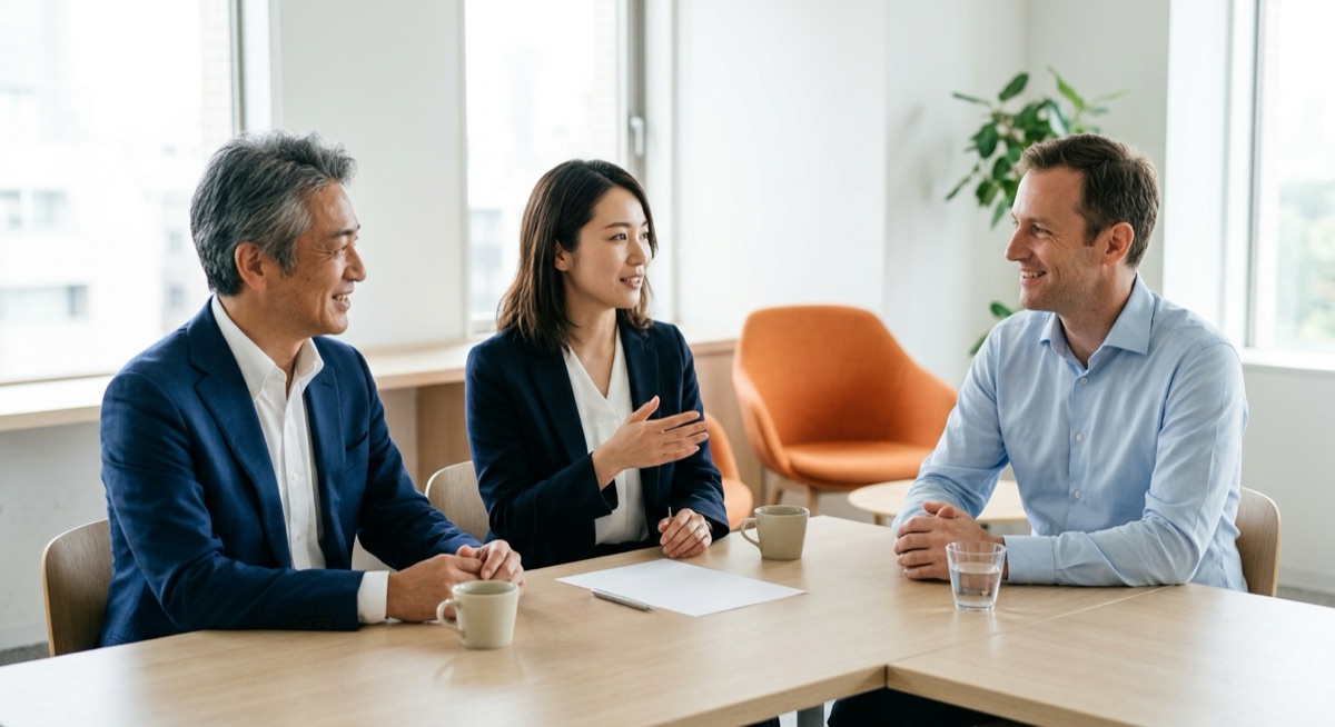 Two Japanese professionals talking with a European visitor seated informally around an office table, the relaxed register of a Wantedly casual visit
