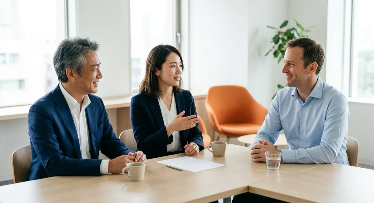 Two Japanese professionals talking with a European visitor seated informally around an office table, the relaxed register of a Wantedly casual visit