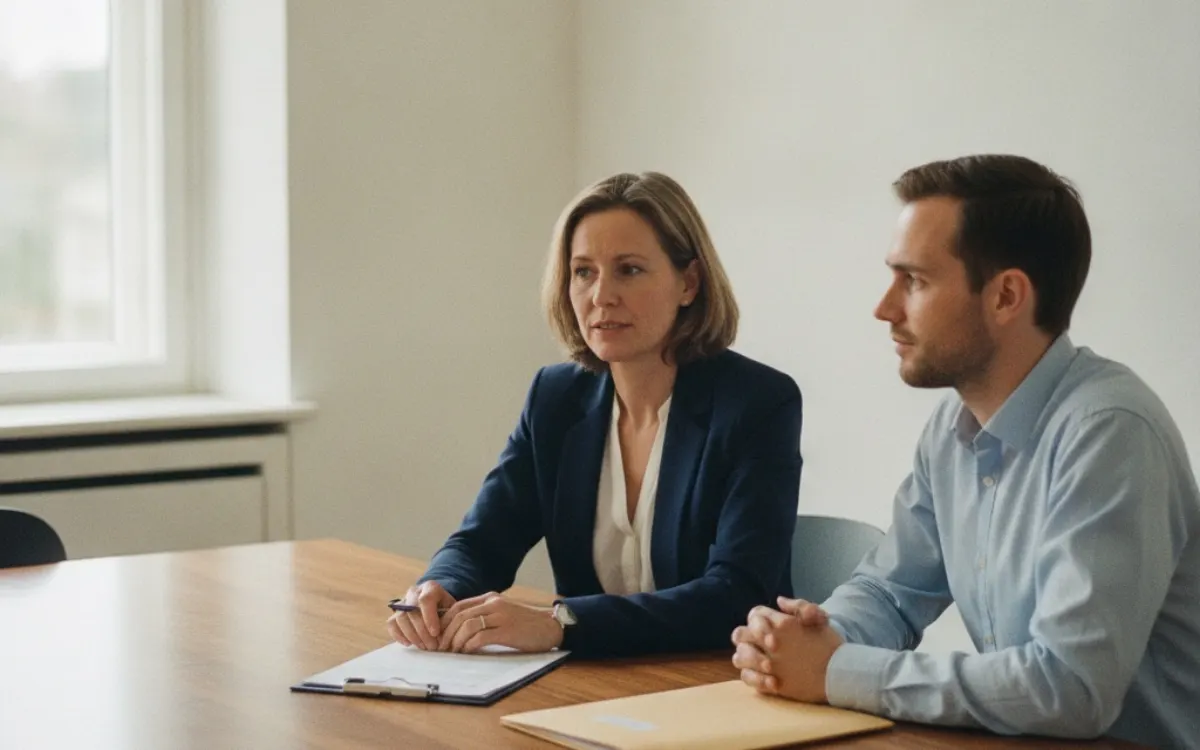 A European HR manager and an assignee reviewing a relocation checklist during the pre-departure window for a Japan assignment