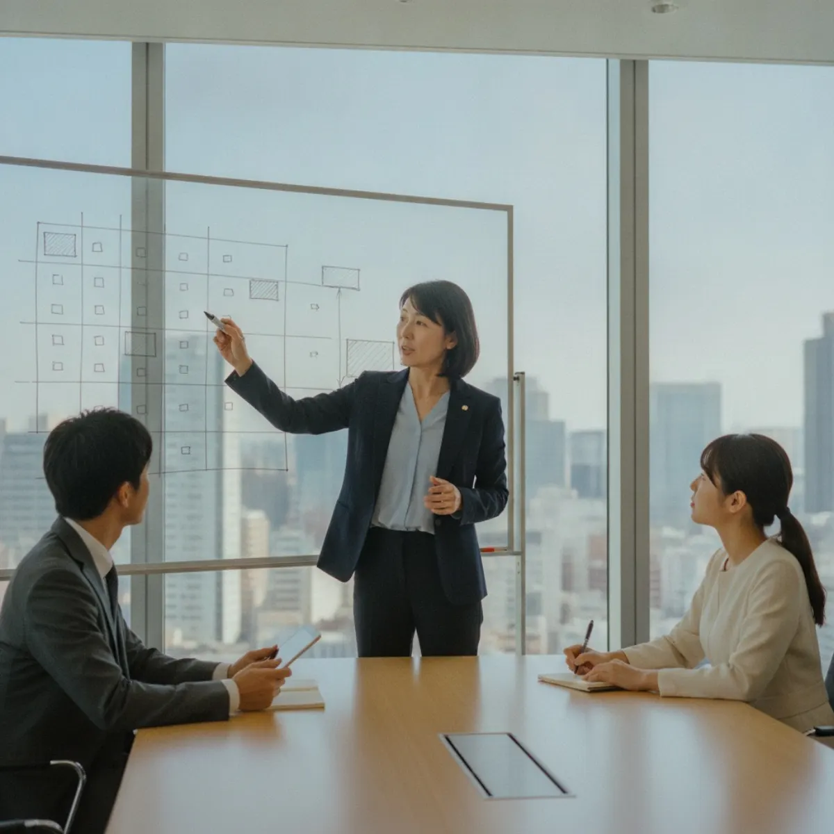 A Japanese media strategist mapping a per-segment budget matrix on a whiteboard for a Yahoo!Japan versus Google decision