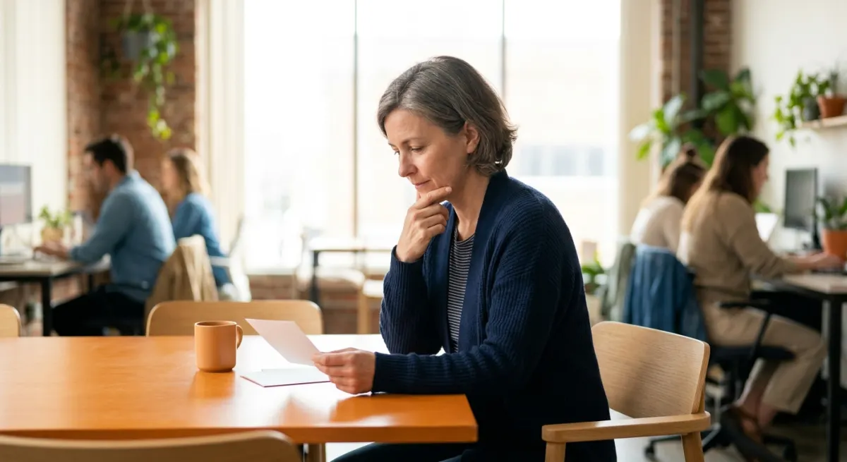 A European strategist weighing options on cards at an orange coworking table, illustrating Yahoo! Japan versus Google for European brands
